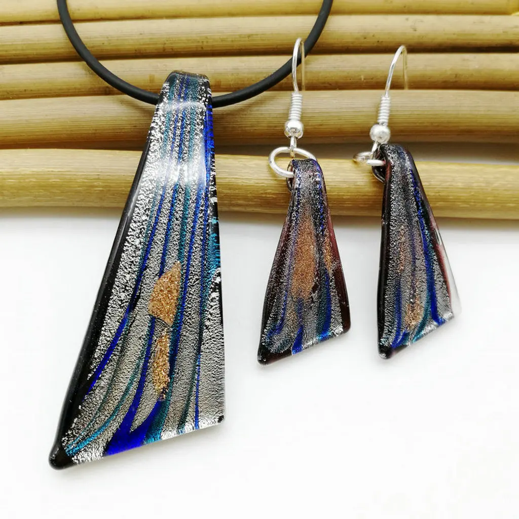 6set of black and blue knife leaf glazed lighting fixtures, glass Murano bead jewelry necklace pendant earrings, jewelry women'