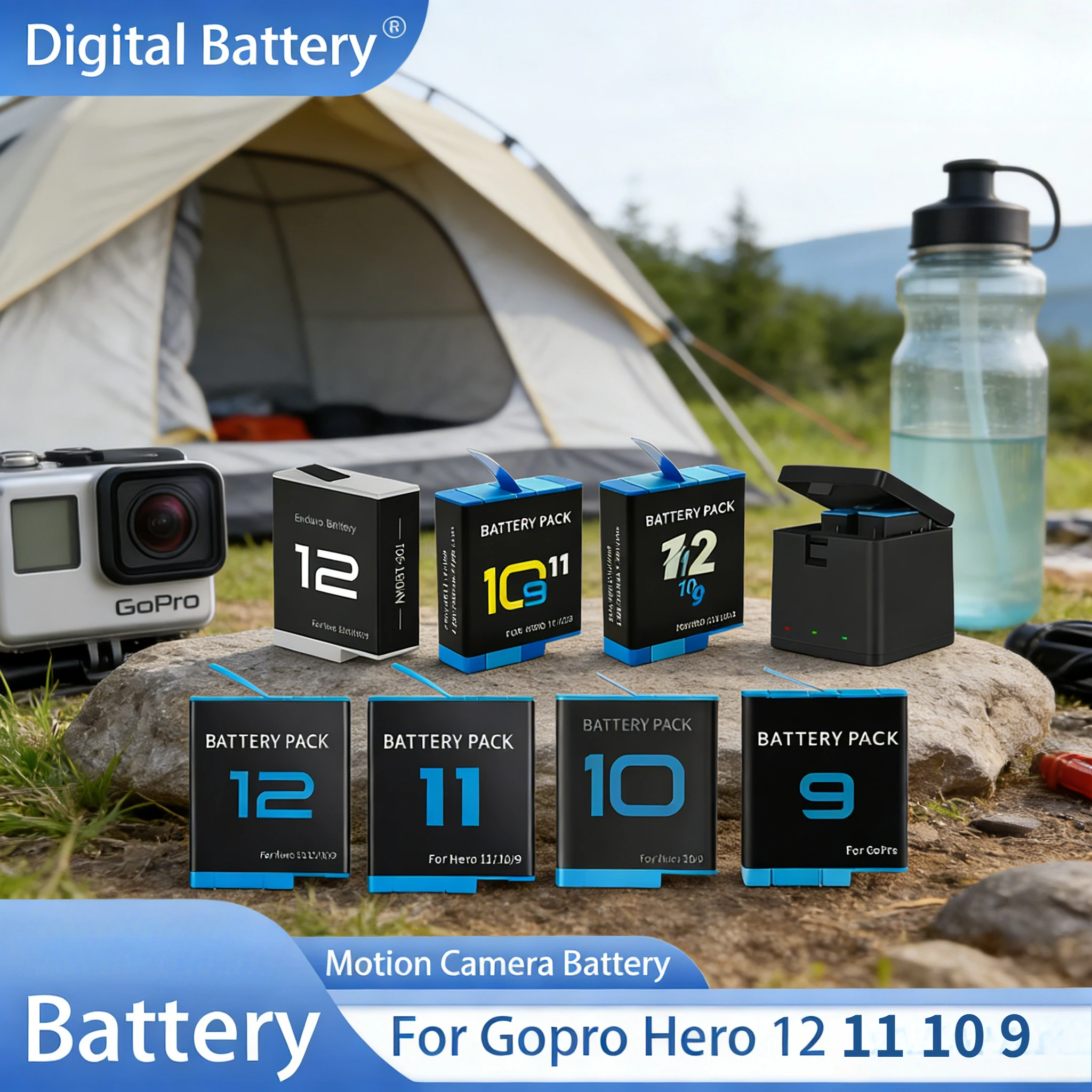 

2000 мАч для GoPro Hero 12 11 10 9, литий-ионный аккумулятор для камеры движения, быстрое зарядное устройство, аккумуляторная батарея