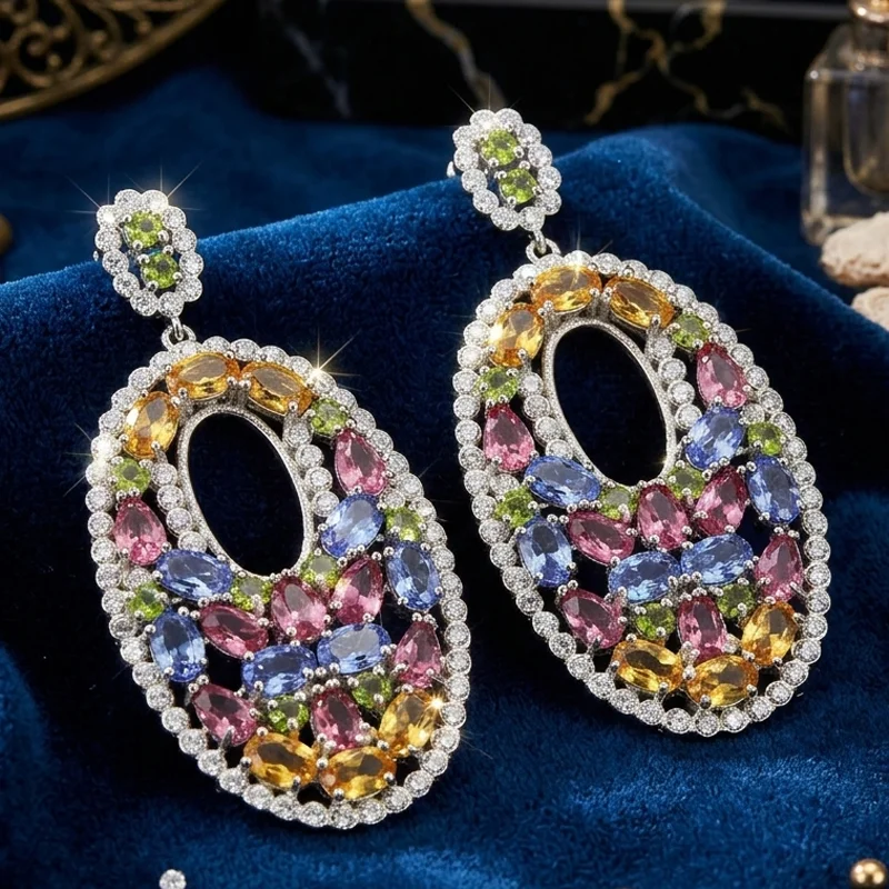 60x28mm Long Big Multi Color London Blue Topaz Smoky Topaz Tourmaline Peridot Violet Tanzanite CZ Engagement Silver Earrings
