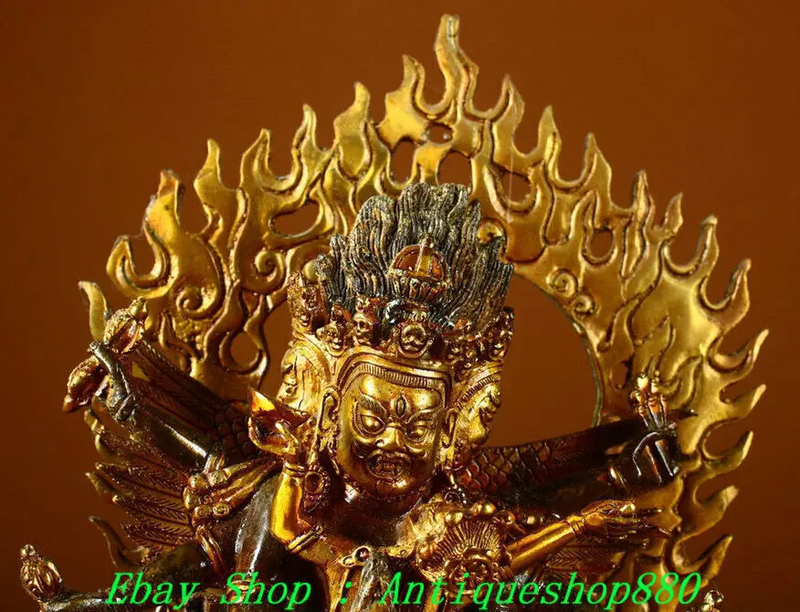10.2'' Old Tibet Bronze Gilt 3 Head 8 Arms Mahakala Wrathful Vajra Buddha Statue