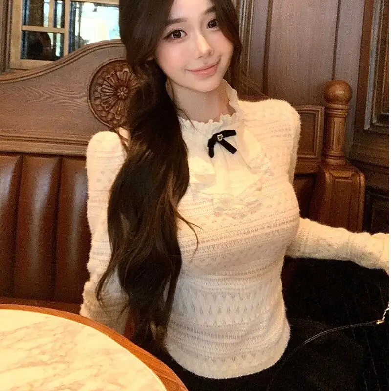 

Pure Desire Wind Sweet Girl Топ с длинными рукавами и кружевным краем и бантом для женщин, осенне-зимняя новая модная универсальная нижняя рубашка