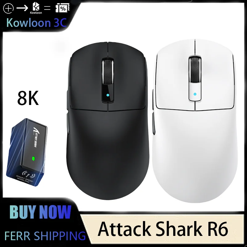 Attack Shark R6 Wireless Mouse PAW3950 Superlight 39g 8k Reveiver 42000DPI Tri-Mode E-Sports Bluetooth Laptop High Brush Gift