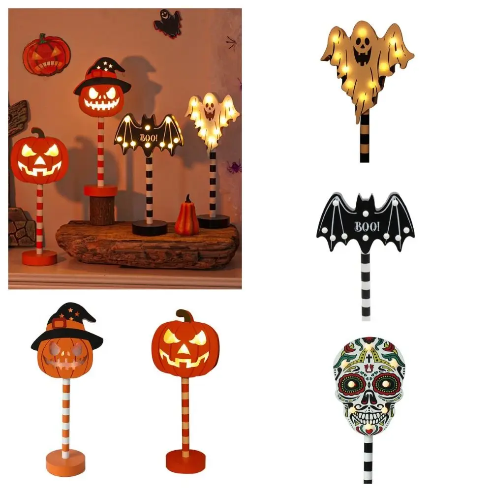 Atmosphere Lamp Halloween Wooden Night Light LED Pumpkin Ghost Festival Modeling Lamp Bats Ghost Skull Pumpkin Ornament Lantern