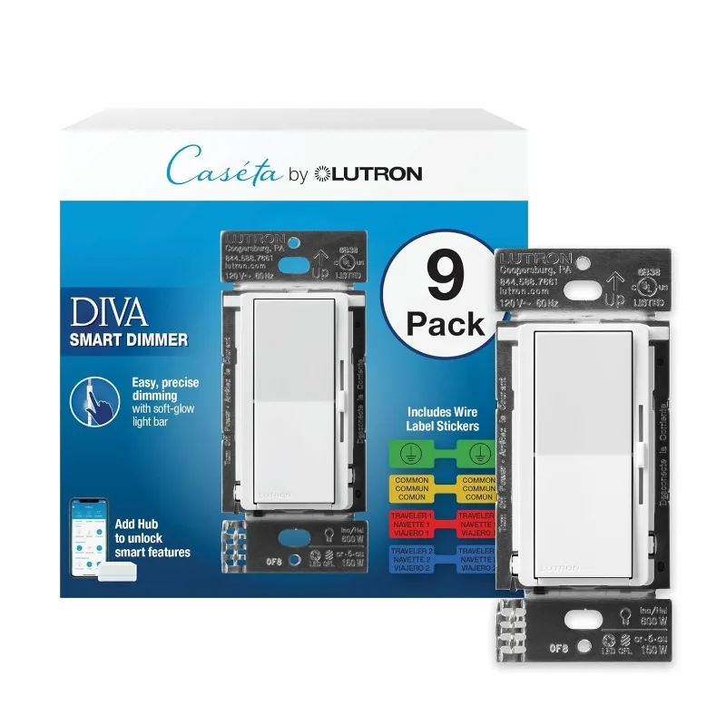 Lutron Diva Smart Dimmer Switch for Caseta Smart Lighting | Includes Wire Label Stickers | DVRF-6LS-WH-9 | White (9-Pack)