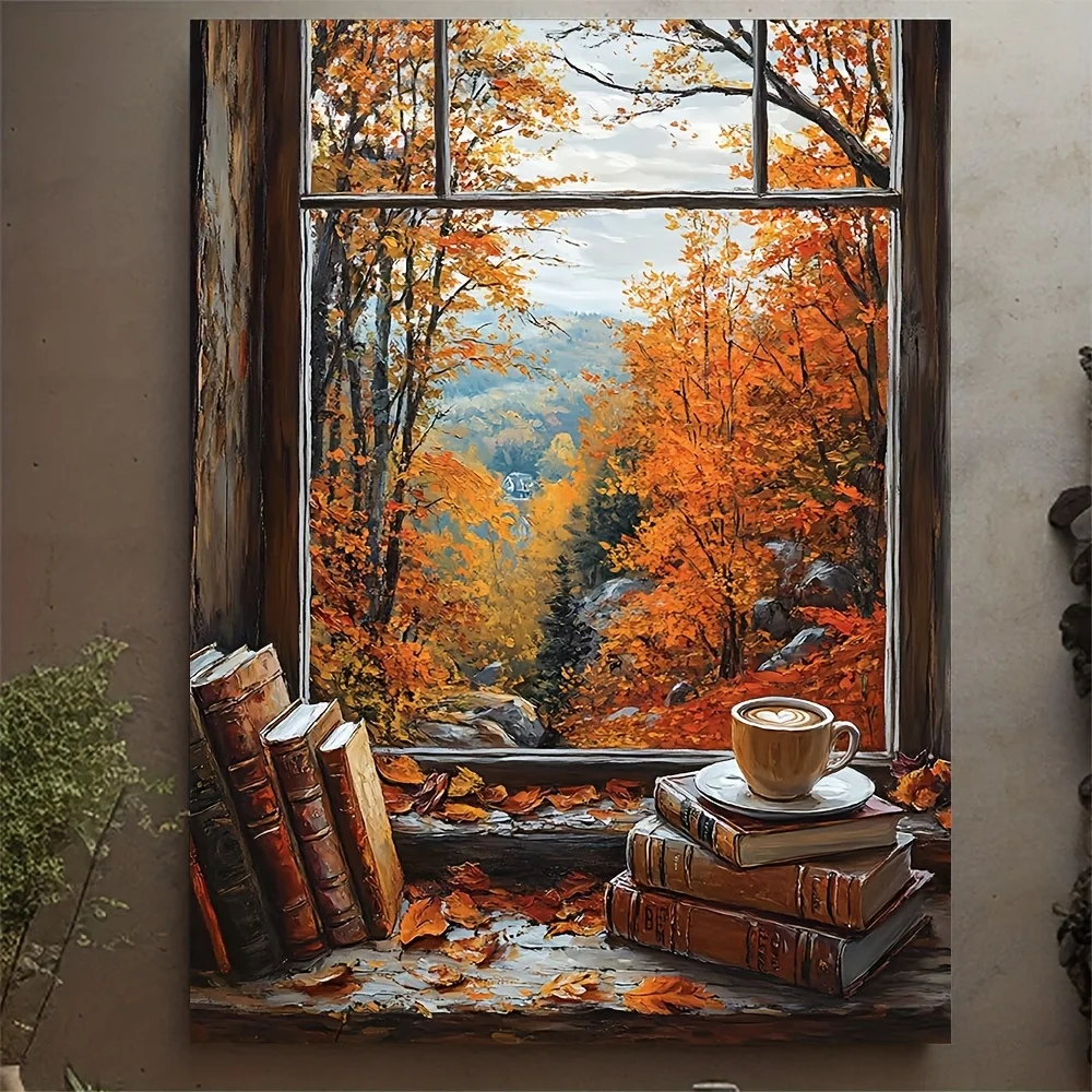 (No frame)1pc 12x16 Inch Framed Autumn Window Scene Canvas Wall Art - Oil Painting Style with Cozy Coffee Cup, Rustic Books &