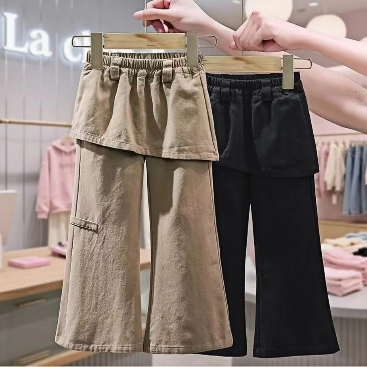 

Girls' Fart Curtain Bell Bottom Pants 2026 New Spring And Autumn Pants Stylish And Fake Two Piece Long Pants For Big Kids