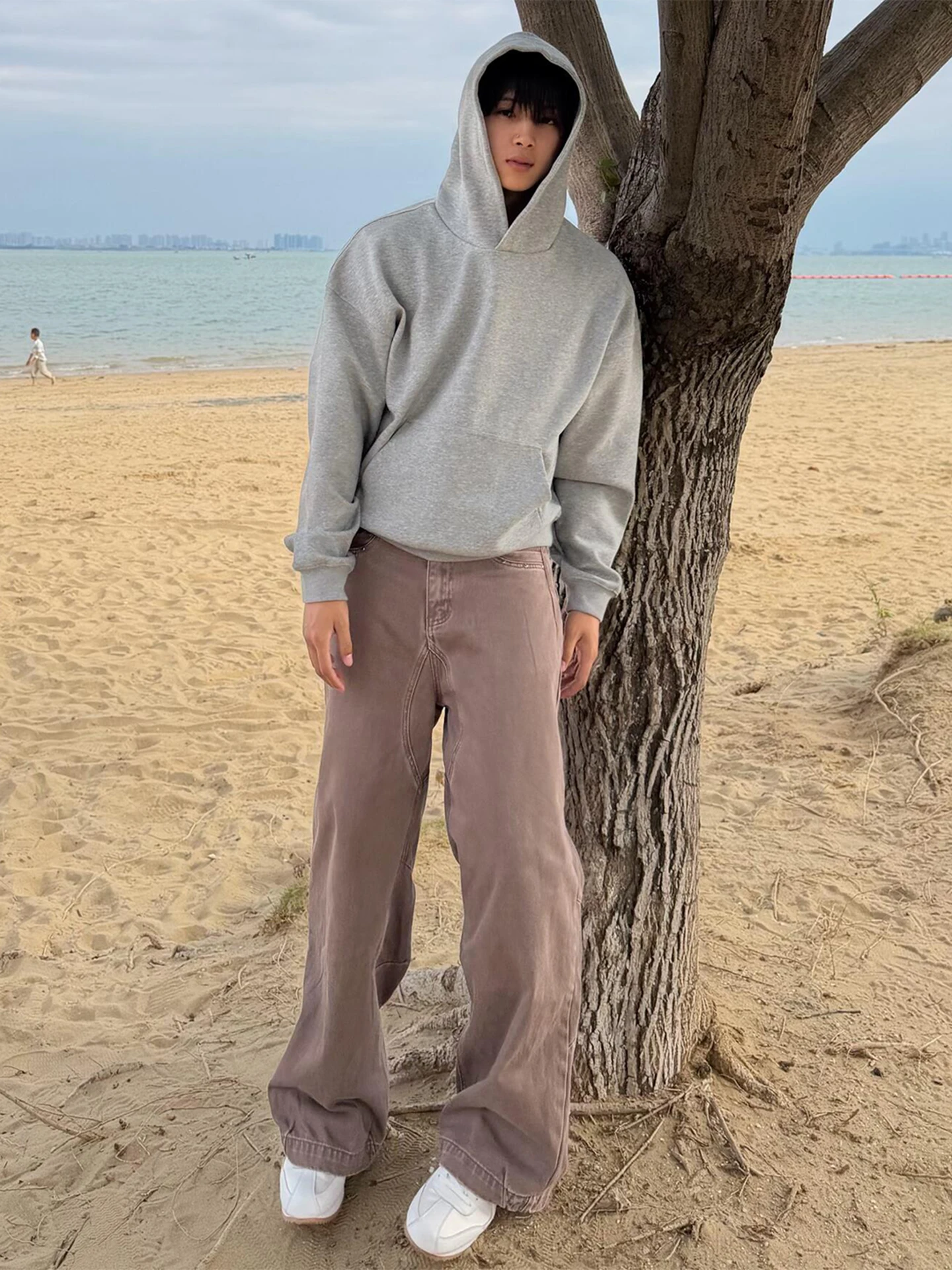 

Short Men's Fleece Lined Hoodie Greyish Blue Hard And Stiff Jacket Comfortable Warmth Retro Style Long Sleeve Youth Casual Wear