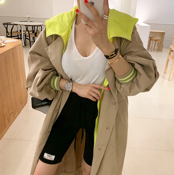 

Color Blo Hooded Coat Women's Loose Lazy Workwear Sle Belted Fake Two-Piece Long Sve Cotton Middlent Length Commute