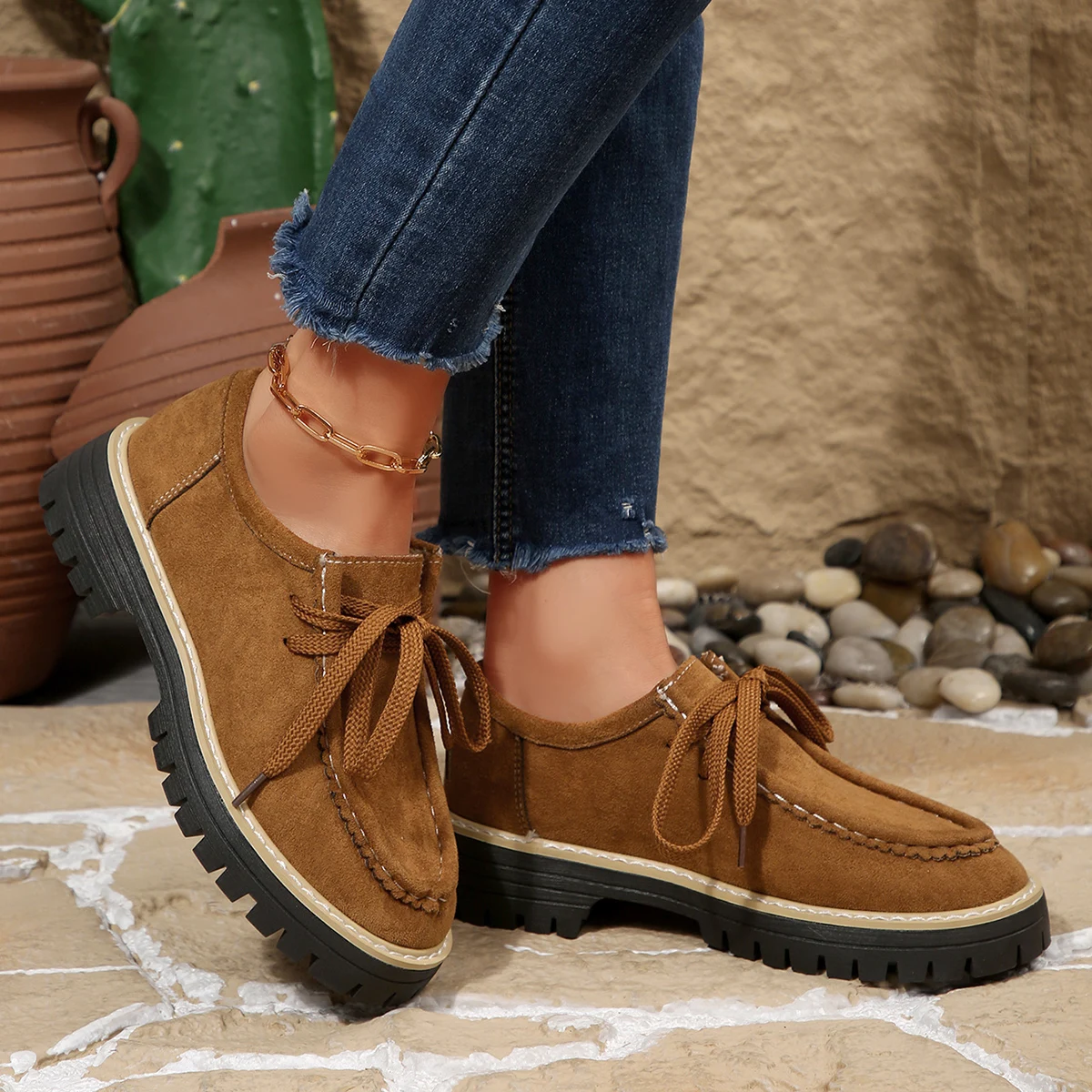 Women Suede Thick Sole Lace Up - Sewing Latex review and price