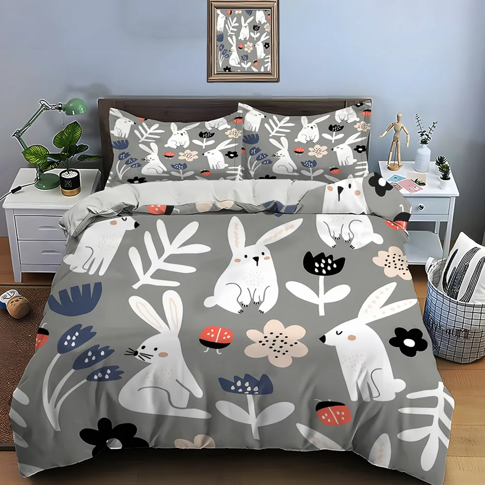 Cartoon rabbits and floral pattern Bedding Set for Kids Luxury Gift 3pcs Digital Print Comforter Set Soft Comfortable Breathable