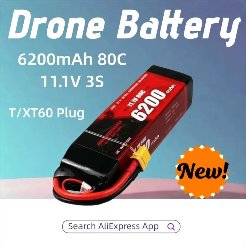 

T/XT60 Plug 6200mAh 80C 11.1V 3S LIPO Battery for RC Helicopter Quadcopter FPV Racing Drone Rechargeable Battery