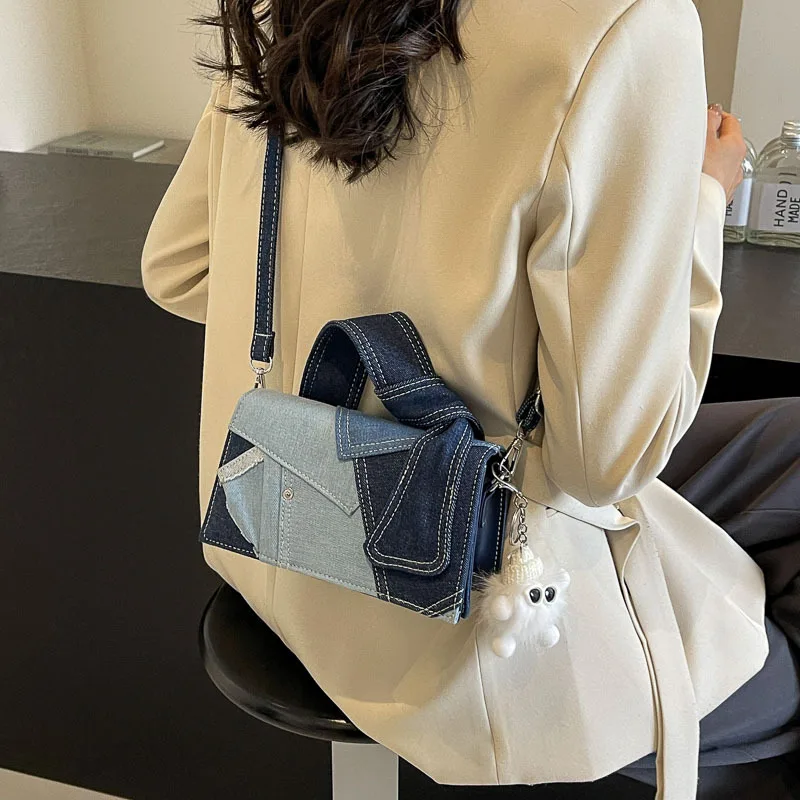 European Fashion Denim Handbag 2025 New Versatile Niche Design Crossbody Bag Colour Blocking Shoulder Commuter Small Square Bag