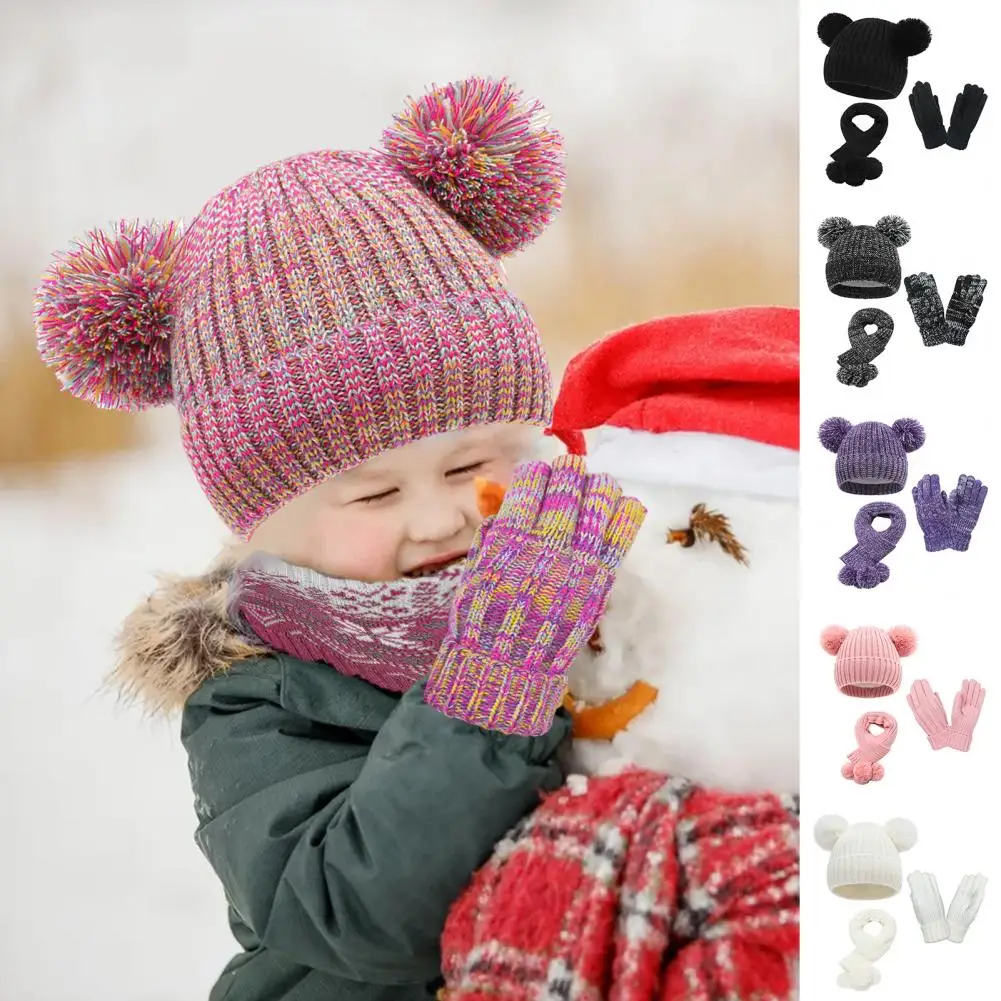 Children Weather Cap Cozy Kids Winter Accessories Set Plush Knitted Hat Scarf Gloves with Anti-slip Fur Ball Decor for Boys