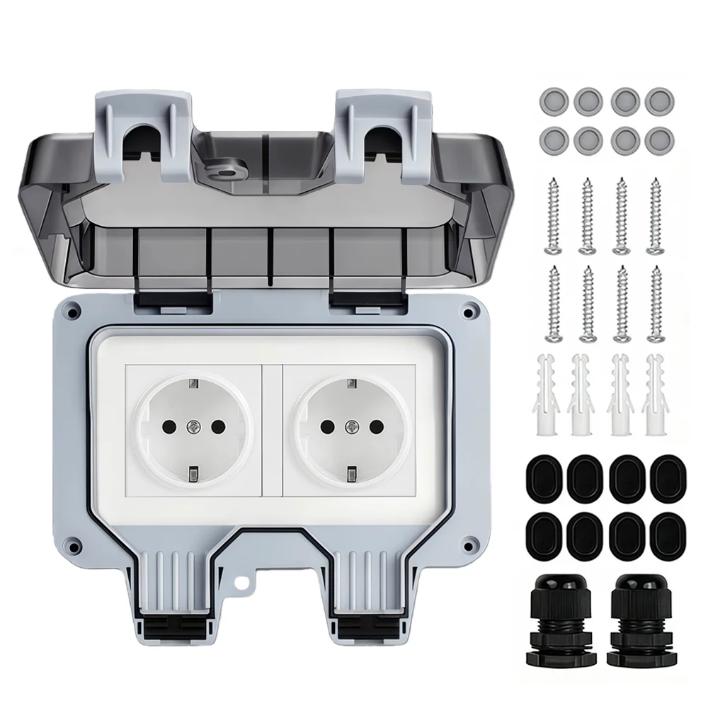 Waterproof Outdoor Socket,Double Power Outlet with Protective Cover ,Dustproof Windproof Socket,Wall-Mounted Garden Power Outlet image 3