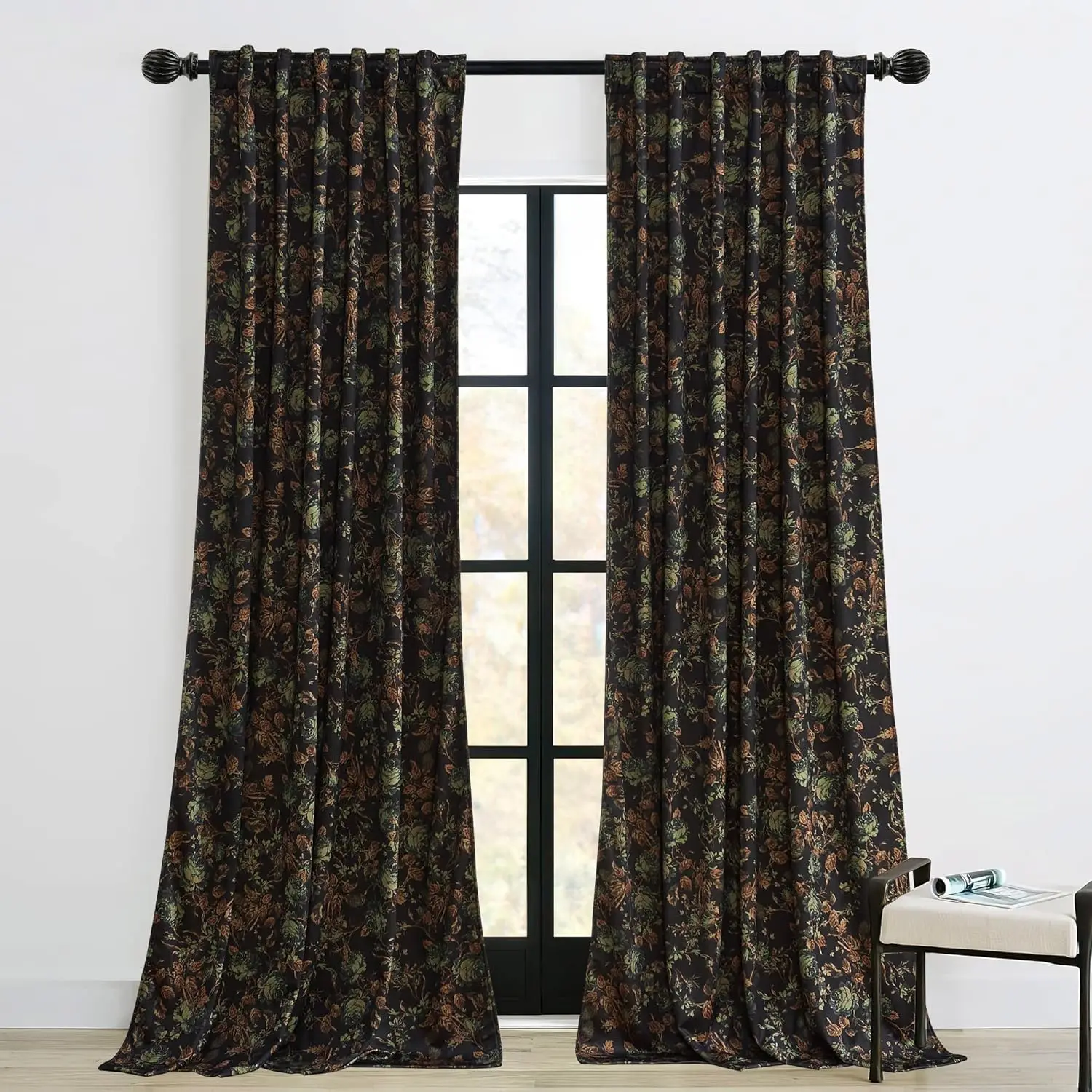 

Velvet Curtains 108 inches Long for Living Room, Black Thermal Insulated Curtains with Retro Floral Design for Dining Ro