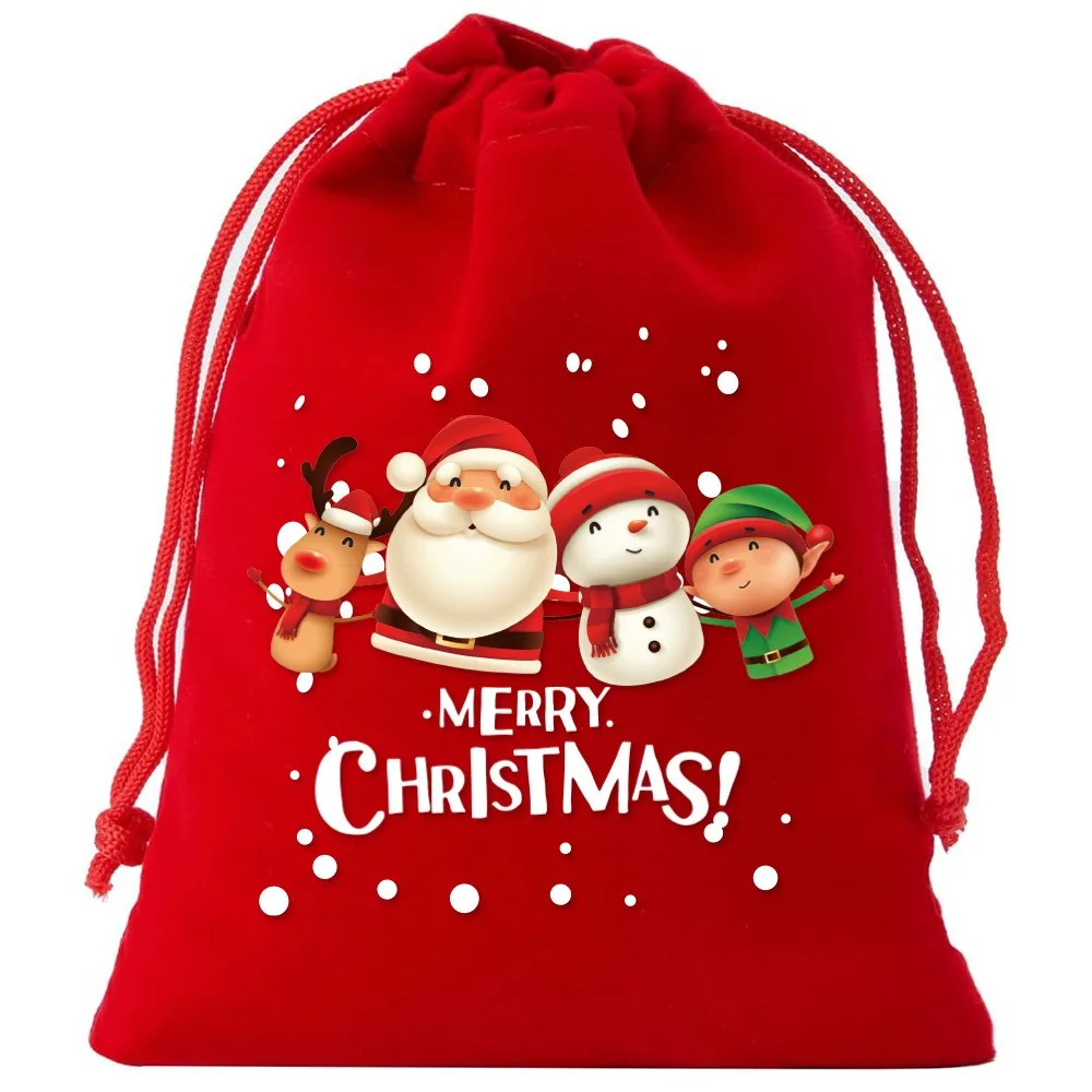5pcs Christmas Velvet Gift Bag Santa Claus Snowman Reindeer Xmas Tree Candy Bag Kids Noel Gift Merry Christmas Happy New Year