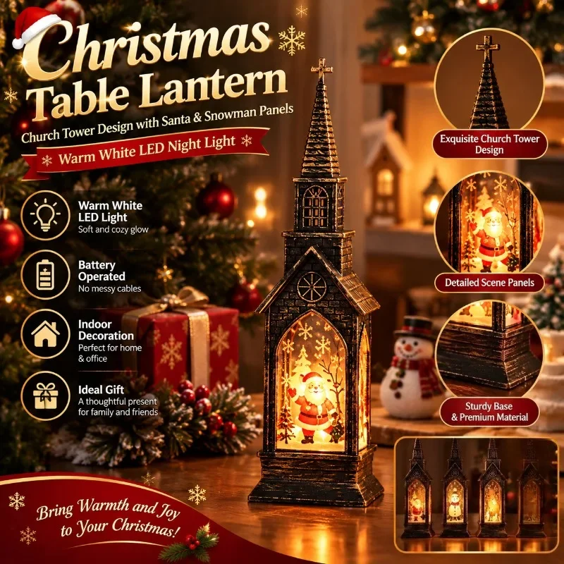 1PC Christmas Table Lantern Church Tower Santa Snowman Panels Warm White LED Night Light Desktop Holiday Home Decor Ornament
