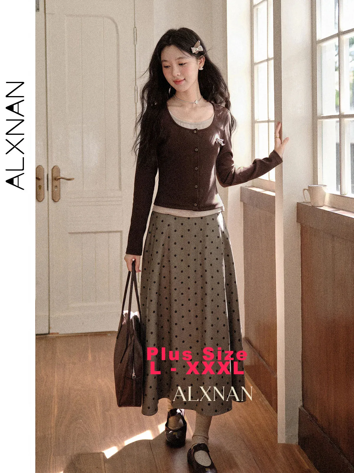

ALXNAN Plus Size Gray Polka Dot Skirt Women Long A-line Elegant Skirts Loose-fit High-waist Casual Party Female Clothing D12872