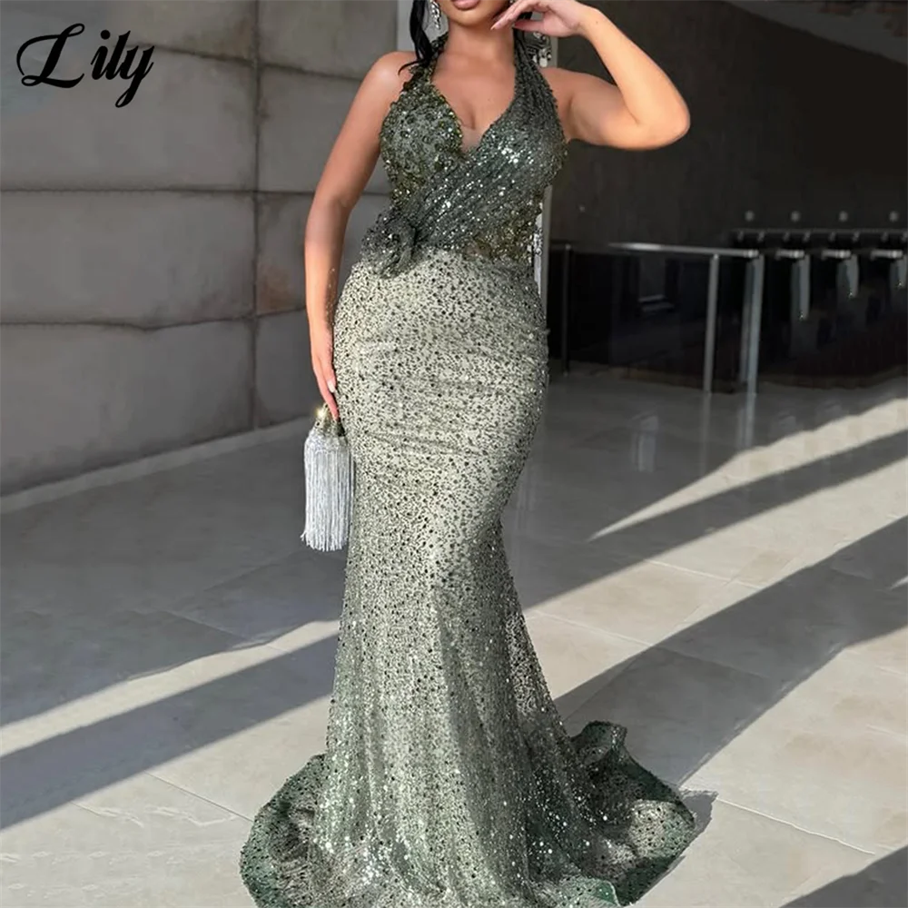 

Lily Silver-Green Formal Dress Halter Ruffled Sleeveless Party Dresses Shiny Sequins Mermaid Evening Gown for Women Customized