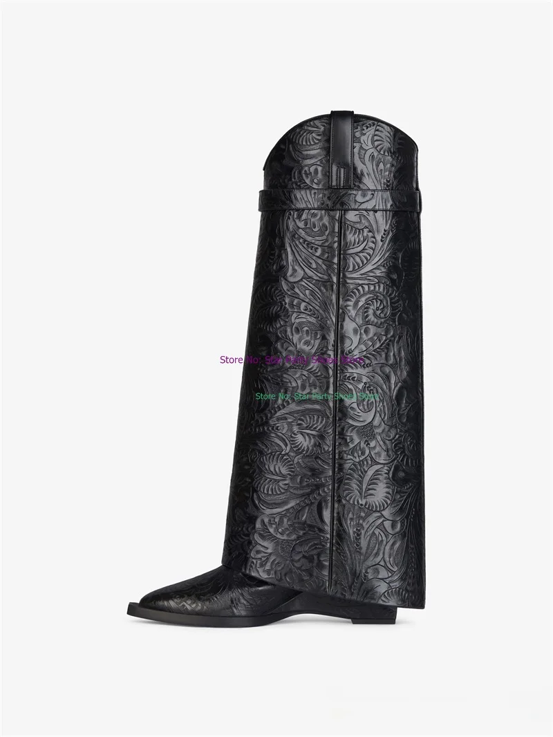 

Attractive Woman Wedge Heel Knee High Boots Shark Lock Decoration Pointed Toe Slipe On Lady Party Boots