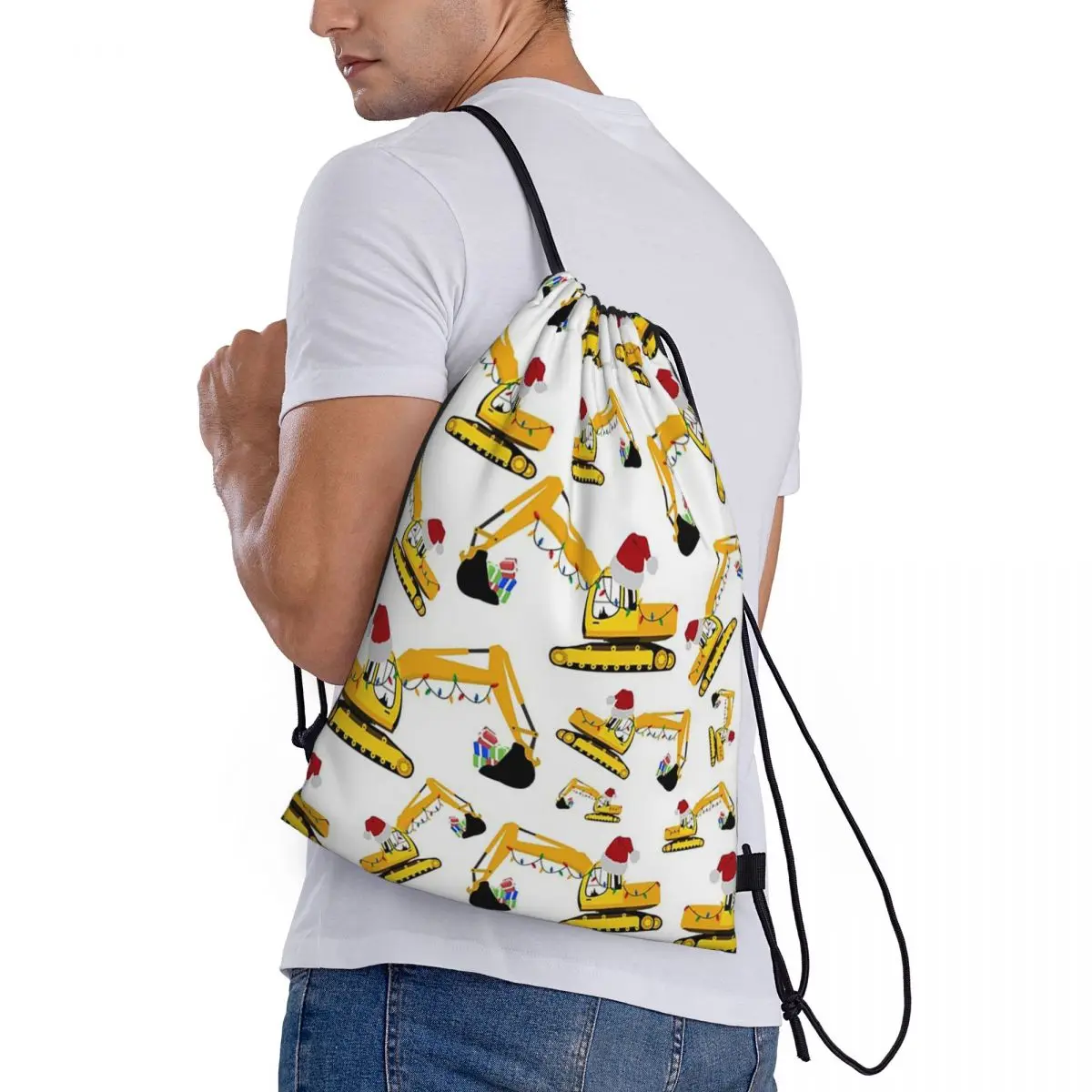 

Christmas Excavator Construction Truck Backpacks Drawstring Bundle Pocket Sports Bag Book Bags for Man Woman School