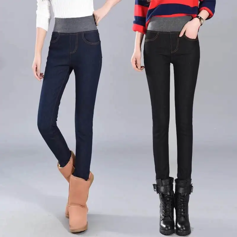Women's Warm Skinny Vaqueros Oversized 80kg Winter Velvet Pencil Jeans Slim Stretch Denim Pants Thicken Elastic Waist Pantalones