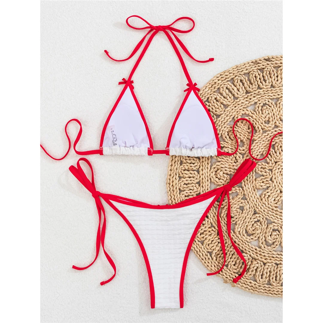 Sexy, geraffter Bikini mit Neckholder-Ausschnitt, Damen-Badebekleidung, zweiteiliges Bikini-Set, mit Trägern, gepolstert, Badeanzug, Badebekleidung, Modell V7610. – Detail 4