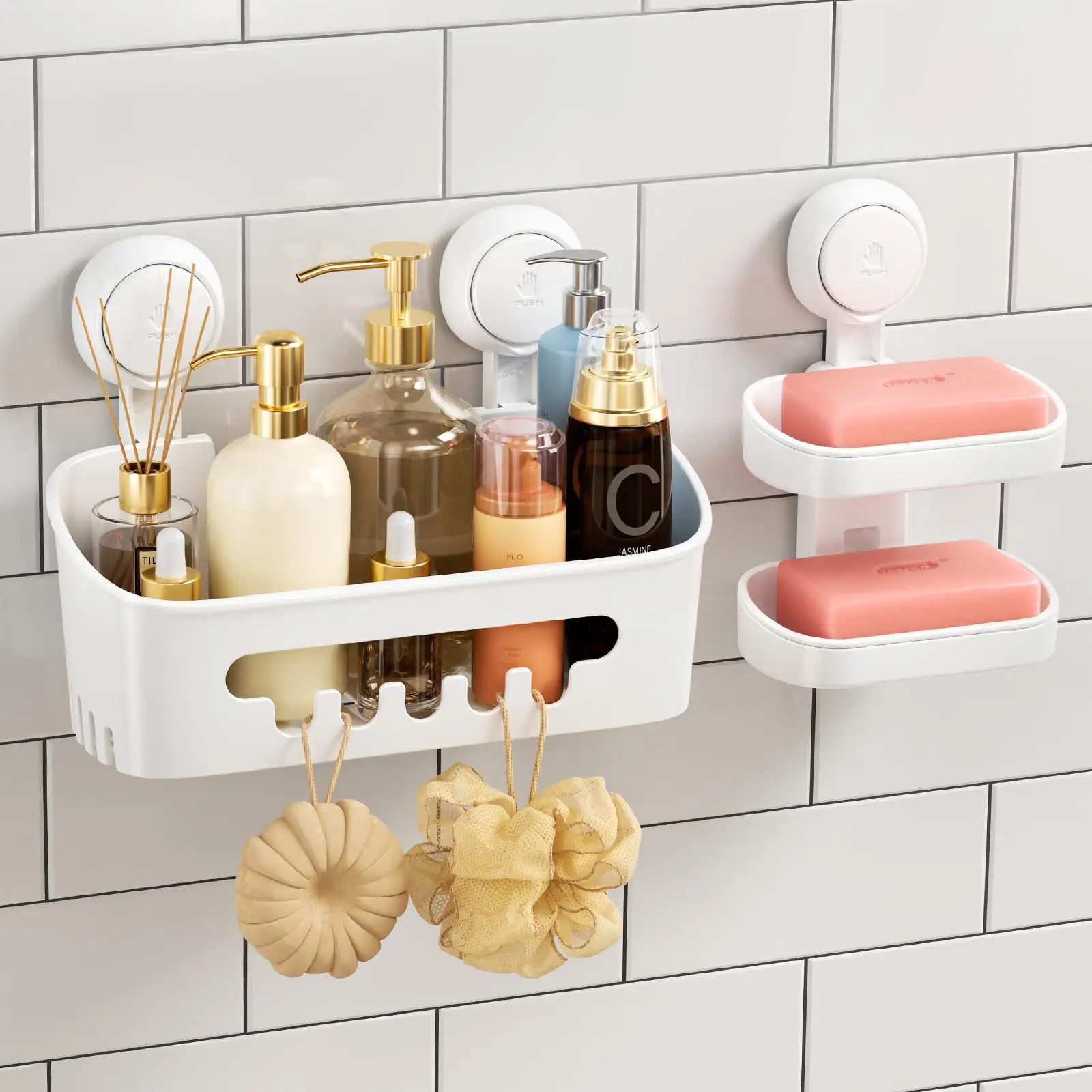 

TAILI Shower Caddy Suction Cup Storage Basket and Double Layer Soap Dish DIY Drill-Free Removable Shower Bathroom Organizer Set