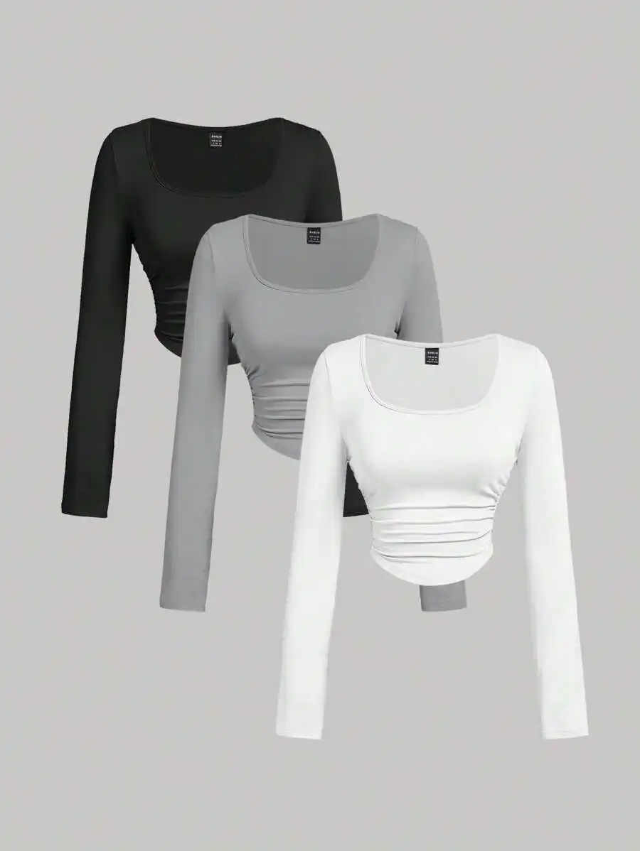 

Комплект из 3 женских плиссированных футболок с квадратным вырезом и длинными рукавами, повседневные осенние топы для выходных и праздников