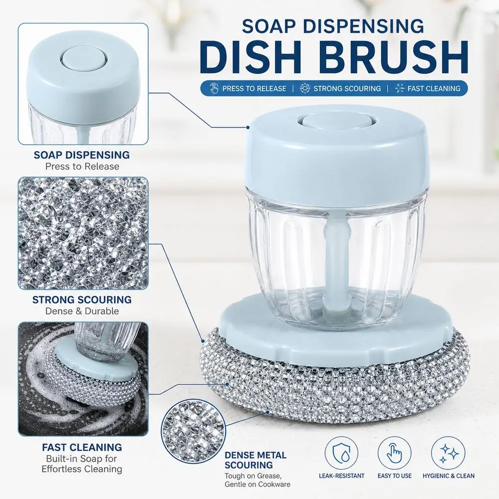 Plastic Soap Dispensing Dish Brush Press Soap Dispenser Fast Cleaning Cleaning Brush Soft Foam Household Cleaning Tools