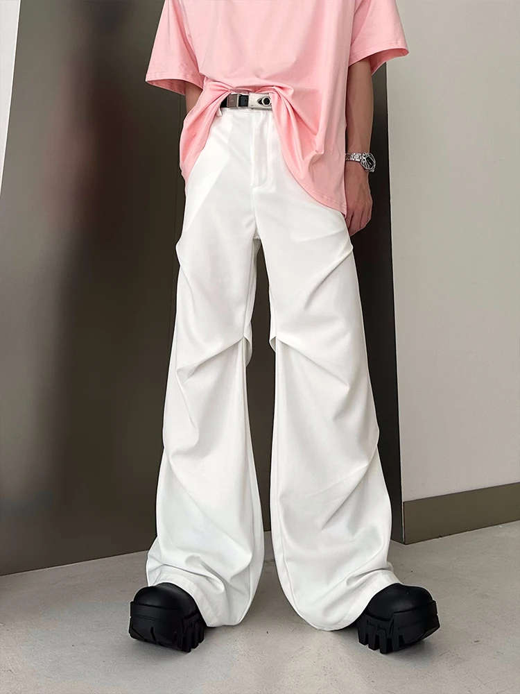 

MARTHENAUT Deconstructed Design Pleated White Versatile Loose Wide Leg West Pants Micro Flared Floor Length Casual Trousers