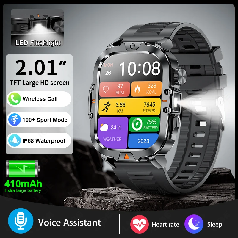 

LIGE 2,01 дюйма с большим экраном, фонарик, умные часы для мужчин и женщин, Bluetooth-часы для звонков, спортивные умные часы на открытом воздухе, браслет для здоровья