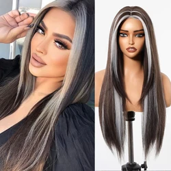 DWY Long Straight Synthetic Lace Wigs for Women Dark Brown with White Highlight Layered Wig Lace Front Natural Hairline Cosplay