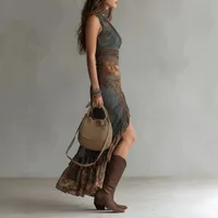 2026 New Retro Print Ruched High Split Ruffle Hem Long Dresses Woman Spring Sexy One Shoulder Slim Summer Party Boho Maxi Dress - Image 5