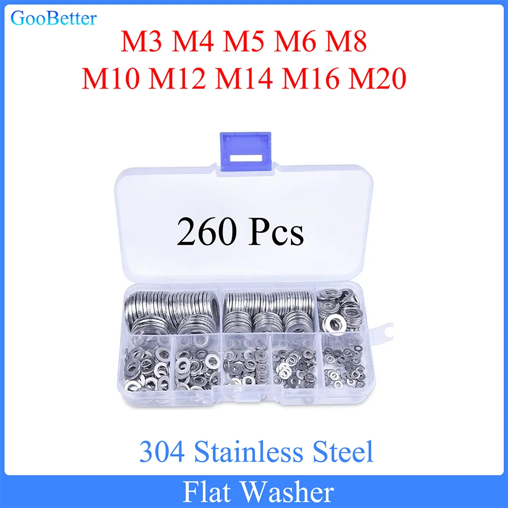 260Pcs M3 M4 M5 M6 M8 M10 M12 M14-M20 Stainless Steel Flat Washer Plain Washer Flat Gasket Rings Assortment Kit For Screw Bolts