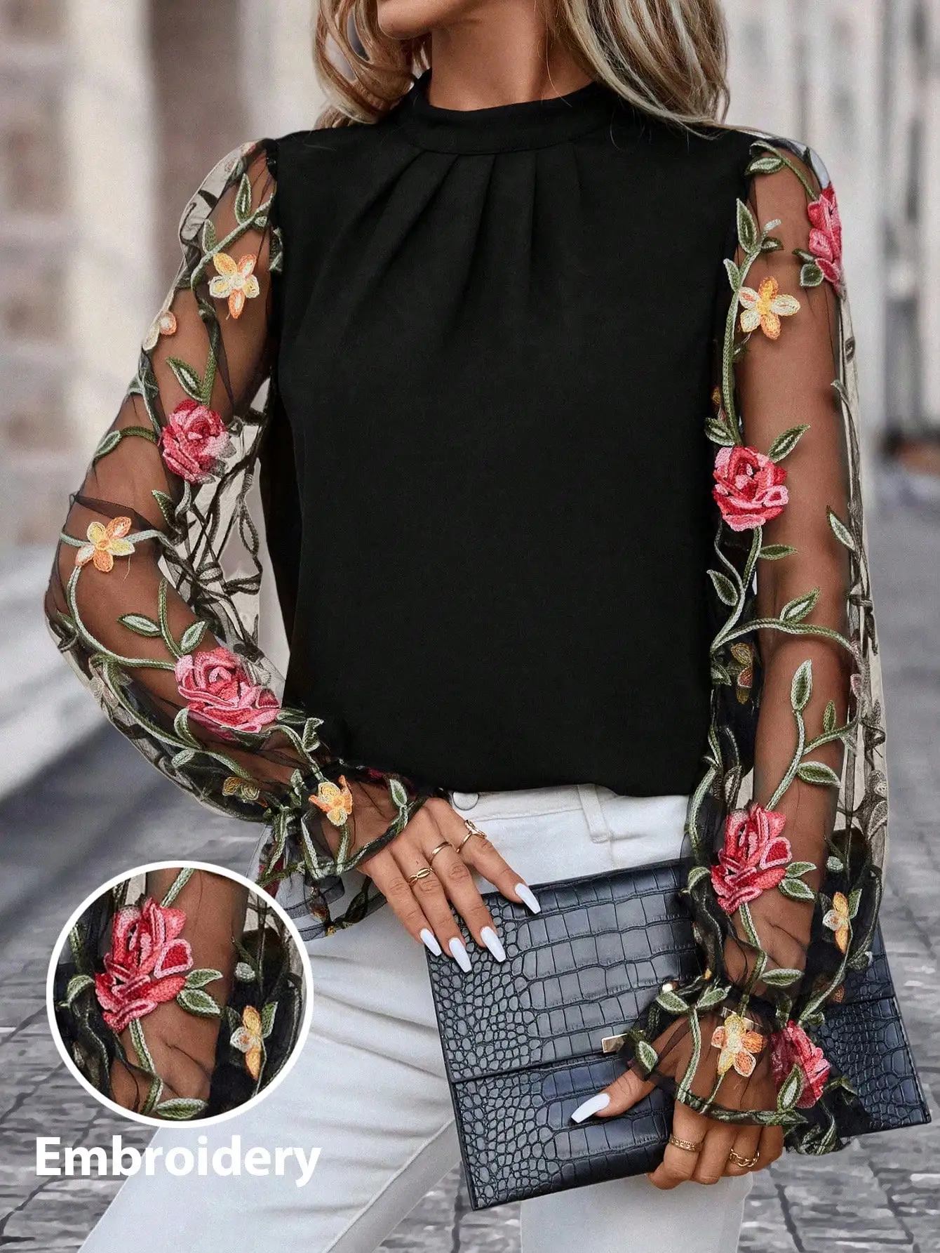 

Floral Embroidery Mesh Flounce Sleeve Mock Neck Blouse Black