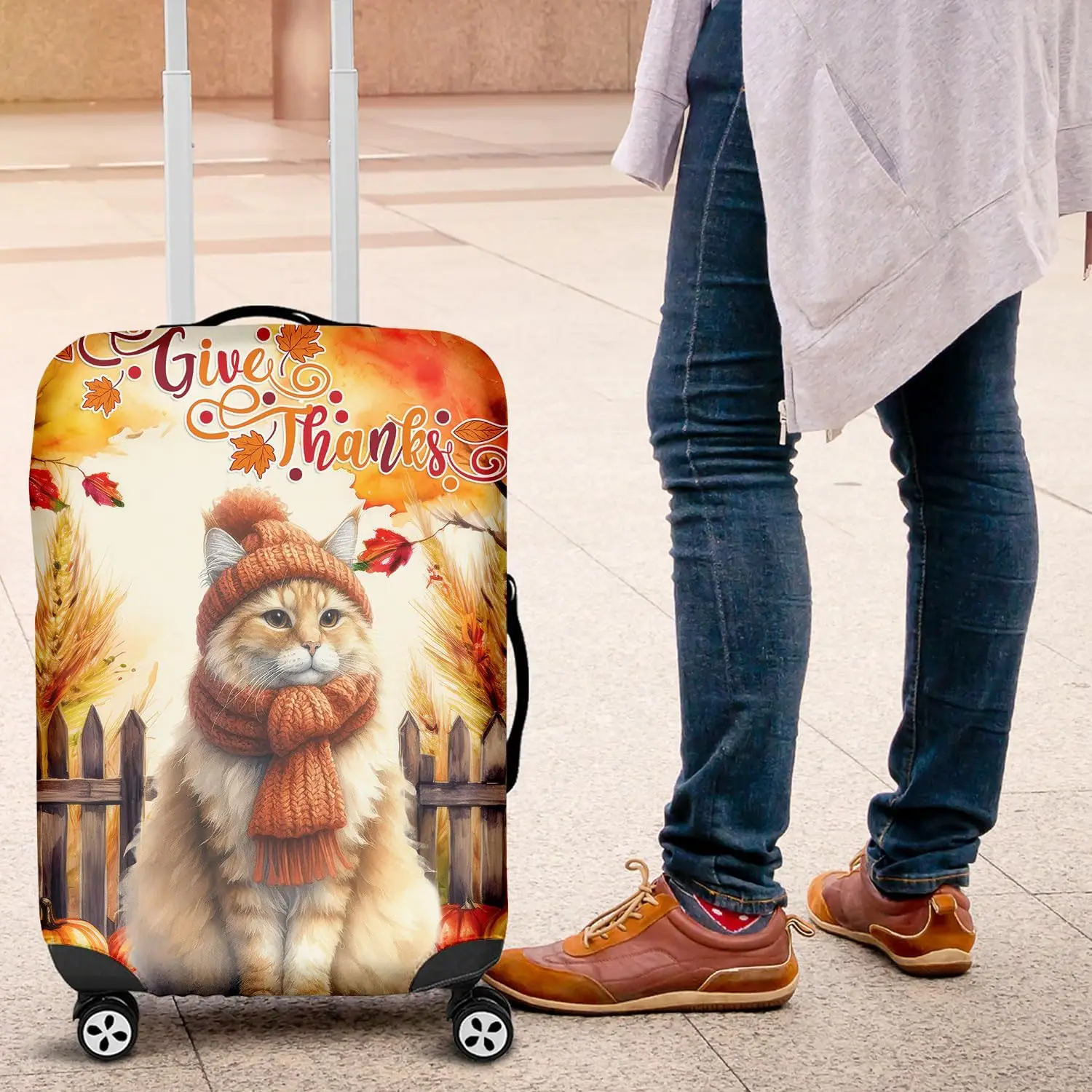 سعيد الشكر رجل يعطي شكرا الخريف قبعة وشاح ترحيب السفر غطاء الأمتعة القط عاشق هريرة مالك الهدايا حقيبة