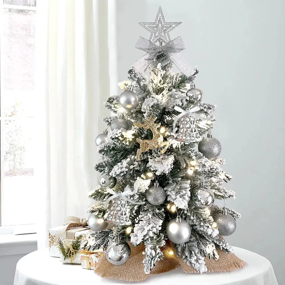 

22in Silver Tabletop Christmas Tree Pre-lit Artificial Small Mini Xmas Tree with Flocked Snow Exquisite Silver Ornaments