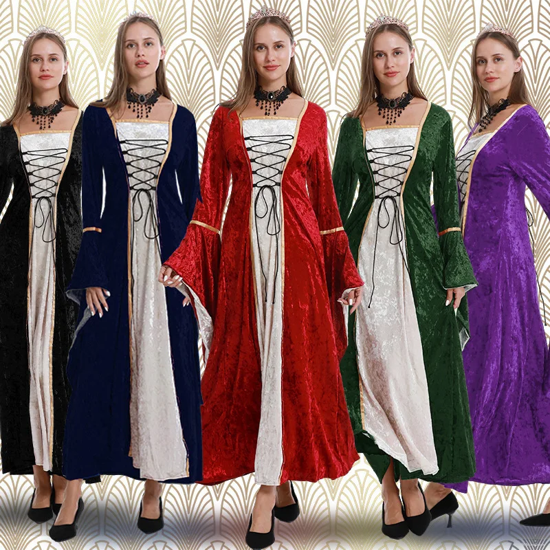 Renaissance Costumes Women Medieval Dress with Canary Velvet Flare Sleeves Faire Victorian Outfits Party Wear