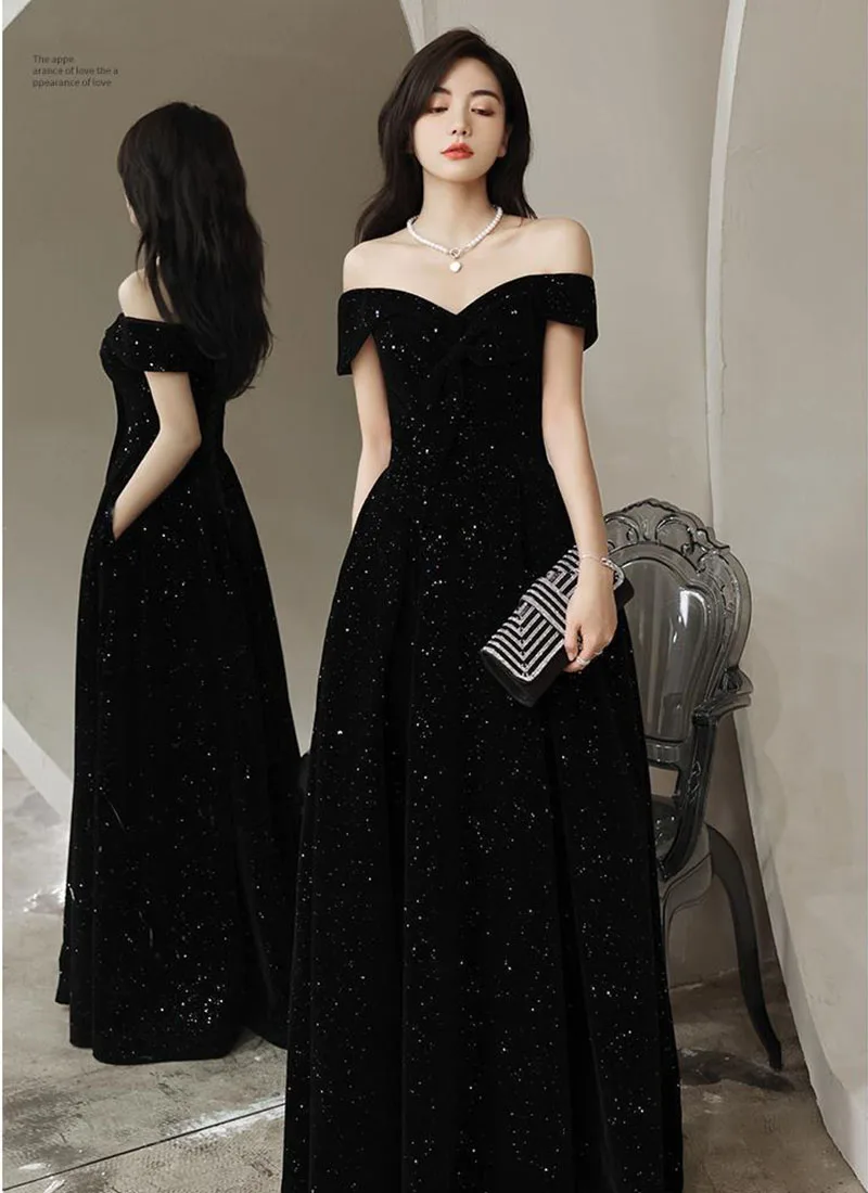 2026 New Style One-shoulder Black Evening Dress With Starry Fabric Birthday Party Evening Velvet  Dresses For Women Customized