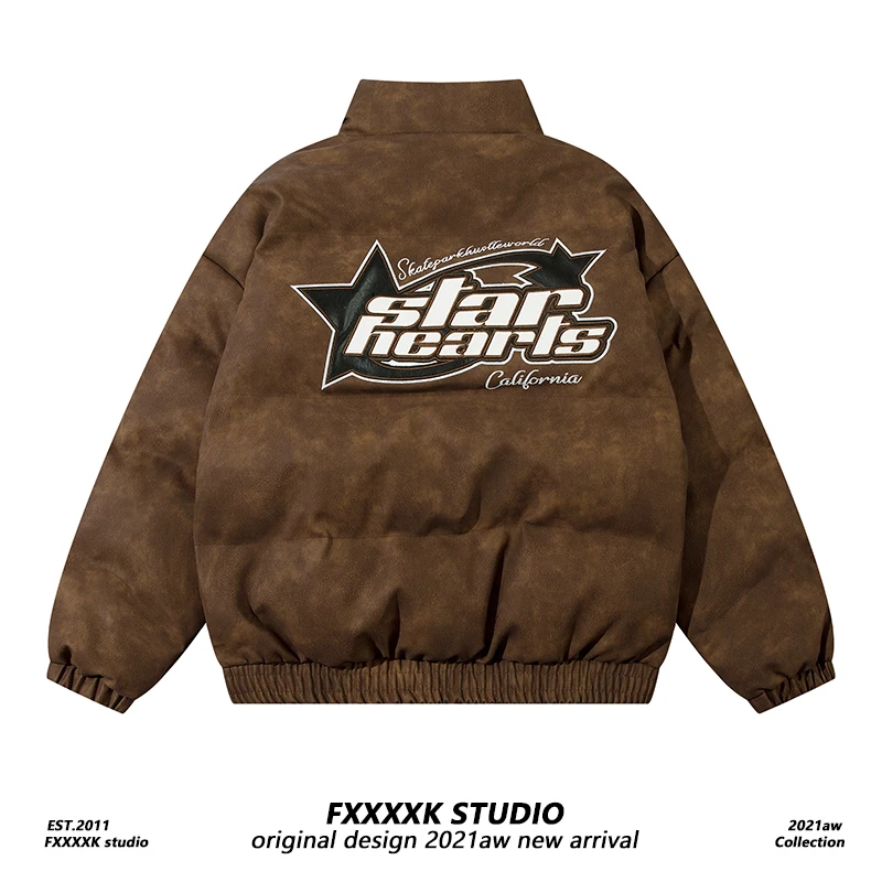 Jaqueta de Algodão com Bordado de Letras em Couro PU Original FXK, Marca Tendência Americana, Estilo Solto para o Inverno