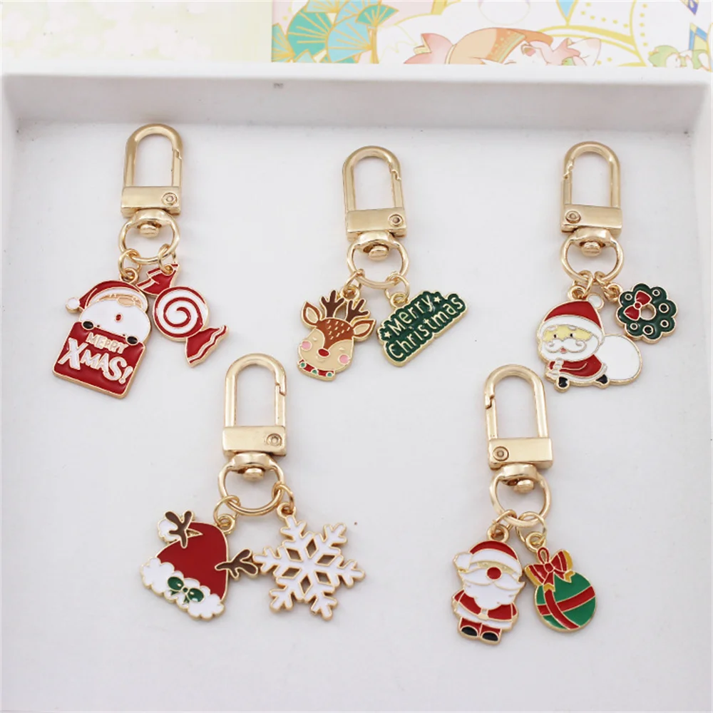 Cute Christmas Key Chains Cartoon Santa Elk Snowflake Keyring Women Airpods Earphone Case Pendant Bag Ornaments Couple Gifts