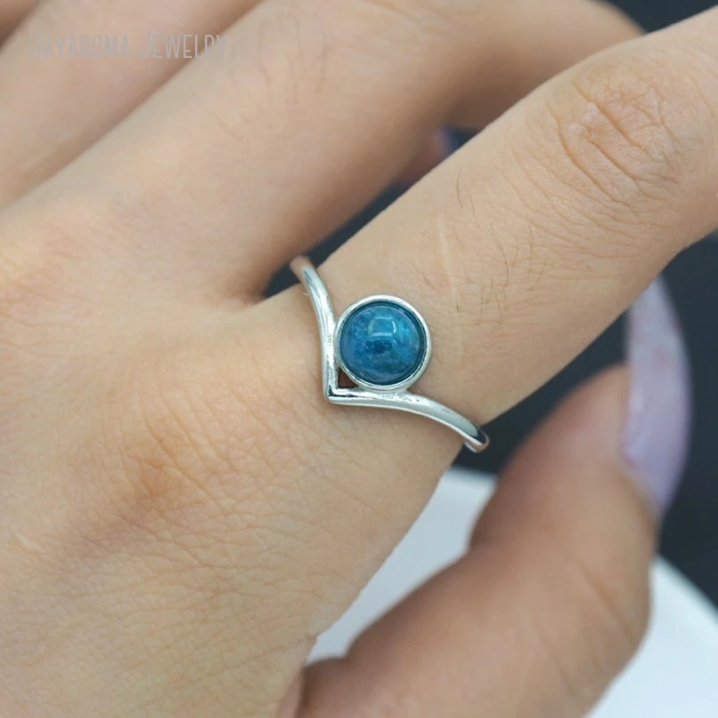 10Pcs Wholesale Semi-precious Stone Apatite Round Coin Shape Circle Silver Color Ring RM51356