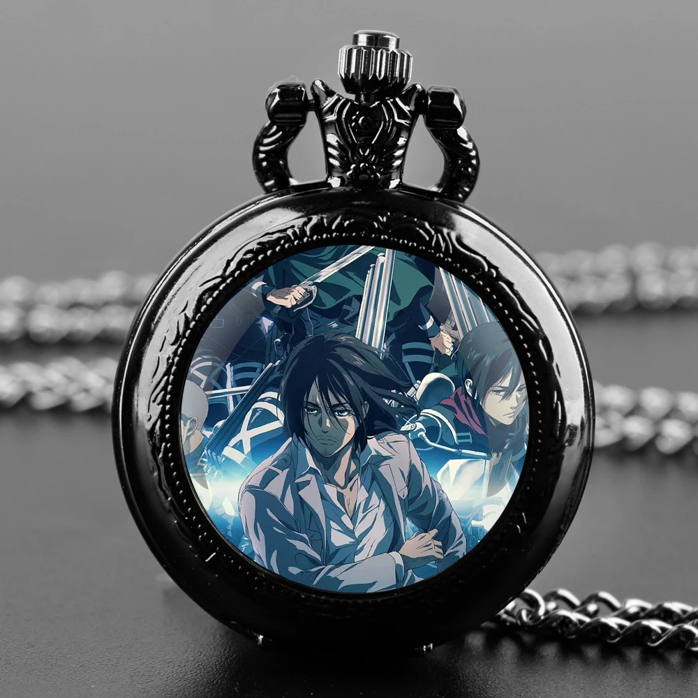 Attack on Titan Design Glass Dome Fashion Arabic Numerals Quartz Pocket Watch Necklace Pendant Clock Chain Mens Women Kids Gifts