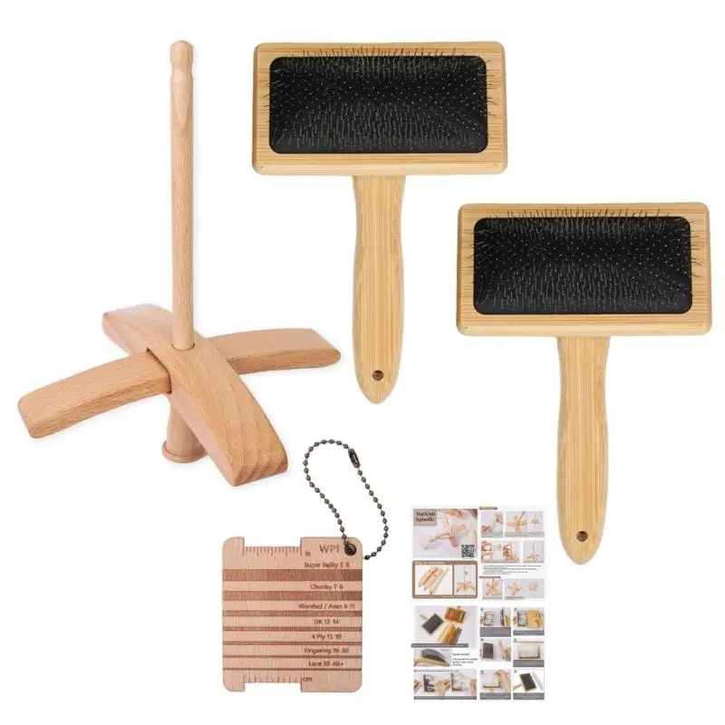 Drop Spindle with Carding Brushes Crosses-Shaped Wooden Turkish Spindle Wool Carders for Yarn Weaving Wool Crocheting D2RD
