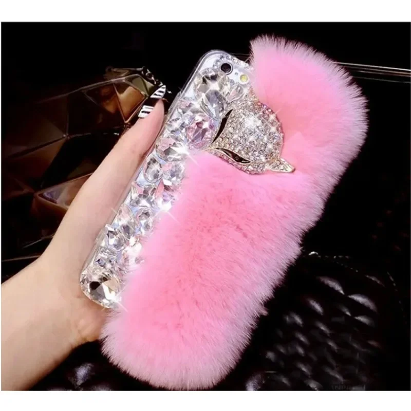 Luxury Rhinestone Cell Phone Case for Xiaomi, Rabbit Fur, Diamond, Fox, for Redmi 12, 13Pro, Note 13pro 5G,11,10, Note12pro plus