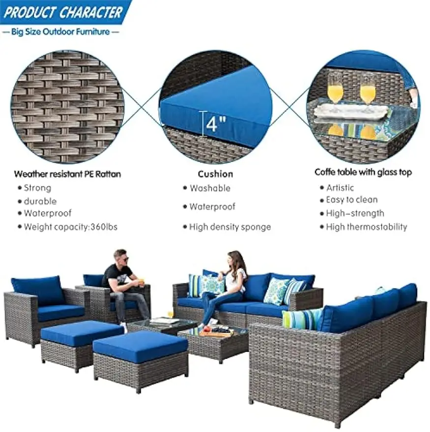 Patio Furniture Set 12 Pieces Outdoor Conversation Set All Weather Wicker Rattan Sofa Sets with Thick Cushions Fully Assembled