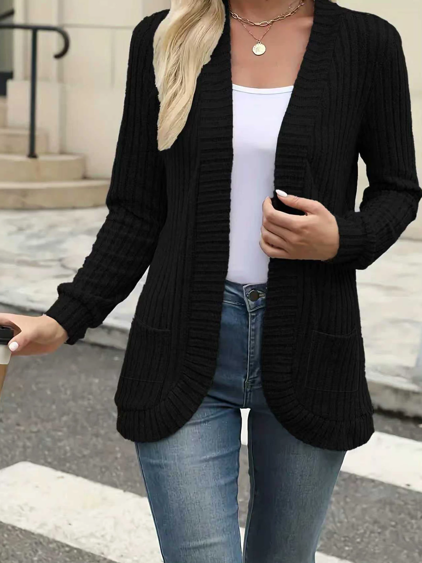 

New fashion women's solid color casual pit stripe brushed cardigan jacket