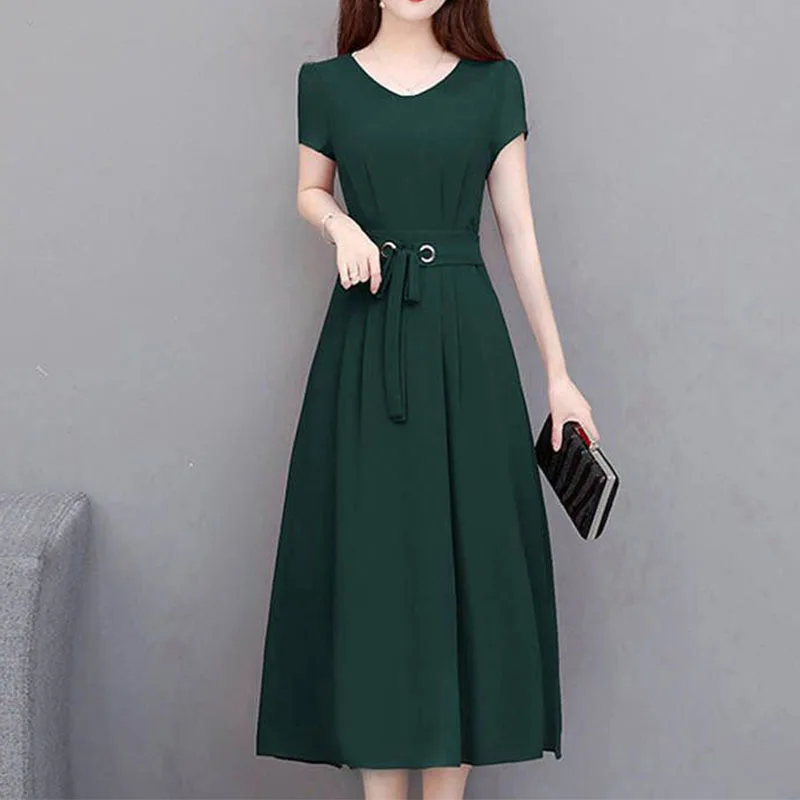 

Temperamen Fashion Dresses Summer New Women Solid O-Neck Zipper Bandage Hepburn Style Short Sleeves Lim Mid-length A-line Dress