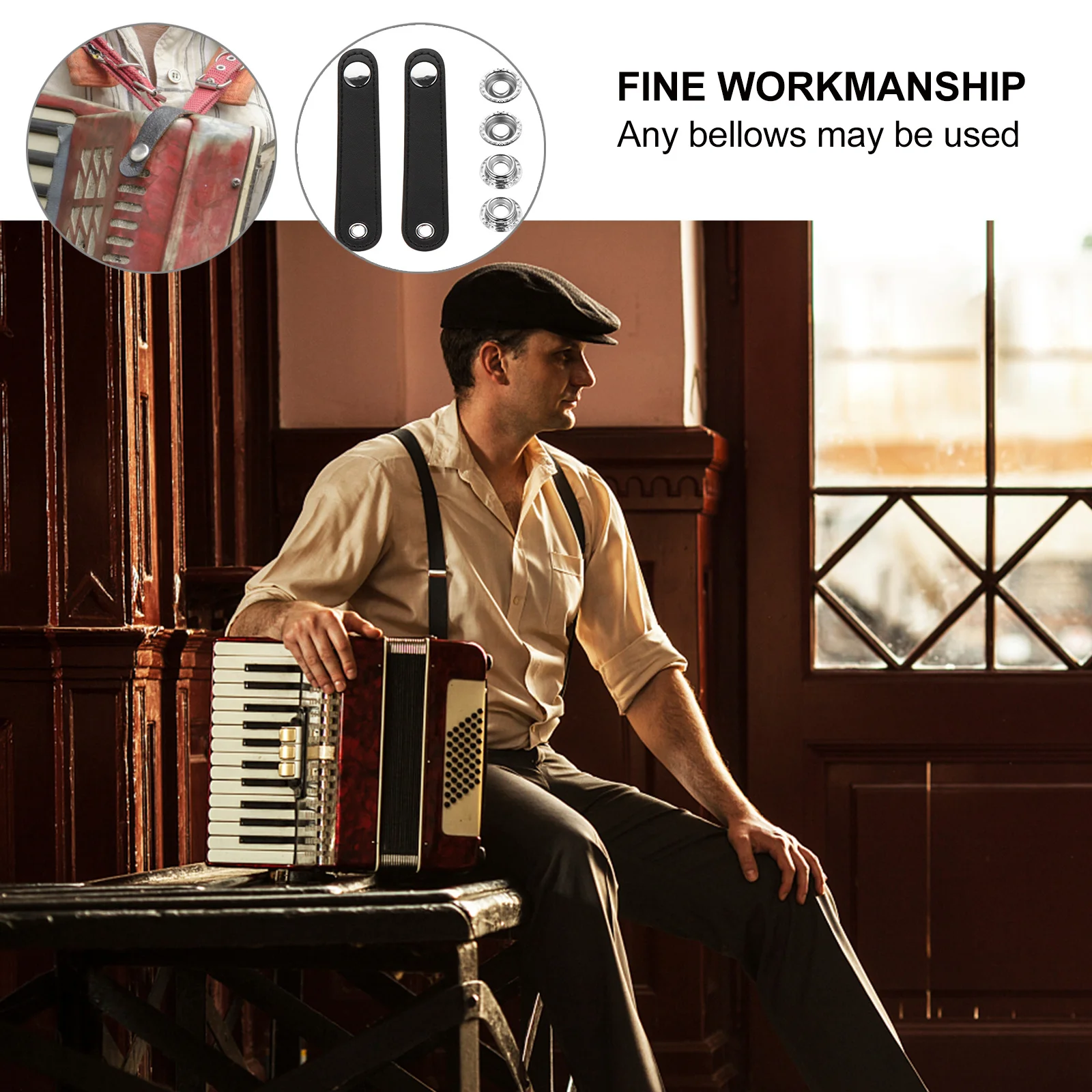 

2Pcs Universal Black Accordion Bellows Buckle Straps Double-Layer Faux Accessories for Bass Accordion Durable